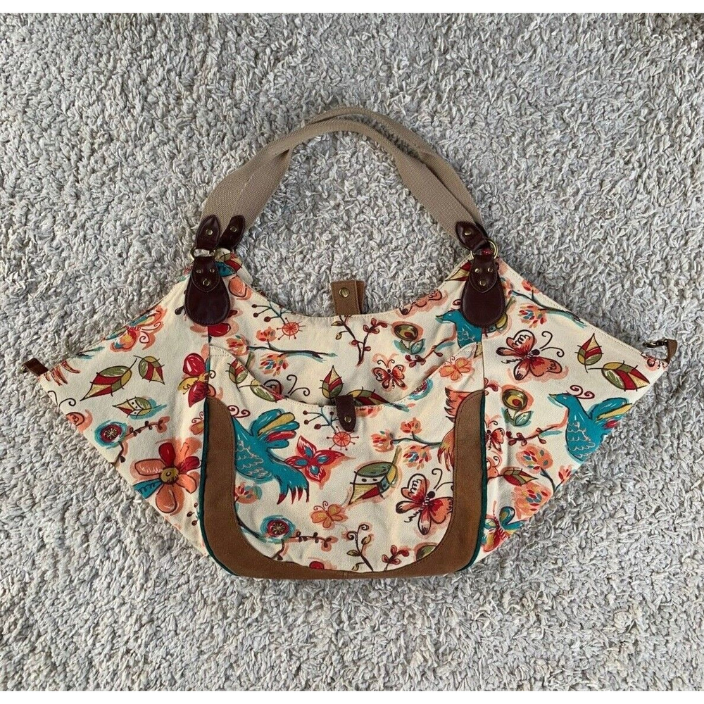 Lucky Brand Large Floral Bird Canvas Hobo Bag Tote Purse Bright Colorful VGUC
